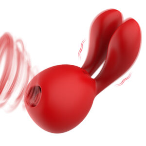 Red rabbit ear-shaped vibrator for multi-point stimulation, with a white background.