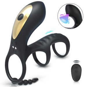 A black vibrating cock ring with dual loops and a textured surface for added stimulation. The ring features multiple vibration modes and is made from body-safe silicone. It comes with a remote control for easy operation and is rechargeable and waterproof.