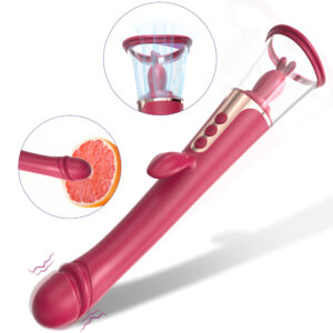 a dark red electronic product designed in a long, cylindrical shape with a rounded end and multiple buttons. The image includes two circular insets: one showing the suction function of the device, and the other illustrating its use on a sliced fruit. The product has several buttons for operating different functions. The background is pure white, highlighting the design and functional details of the device