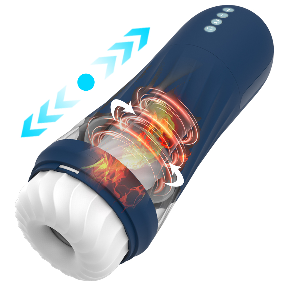 A dark blue, cylindrical electronic device with a white textured opening. The device has a partially transparent casing showing inner mechanics with glowing, swirling visual effects. There are four control buttons on the side and an arrow indicating movement.