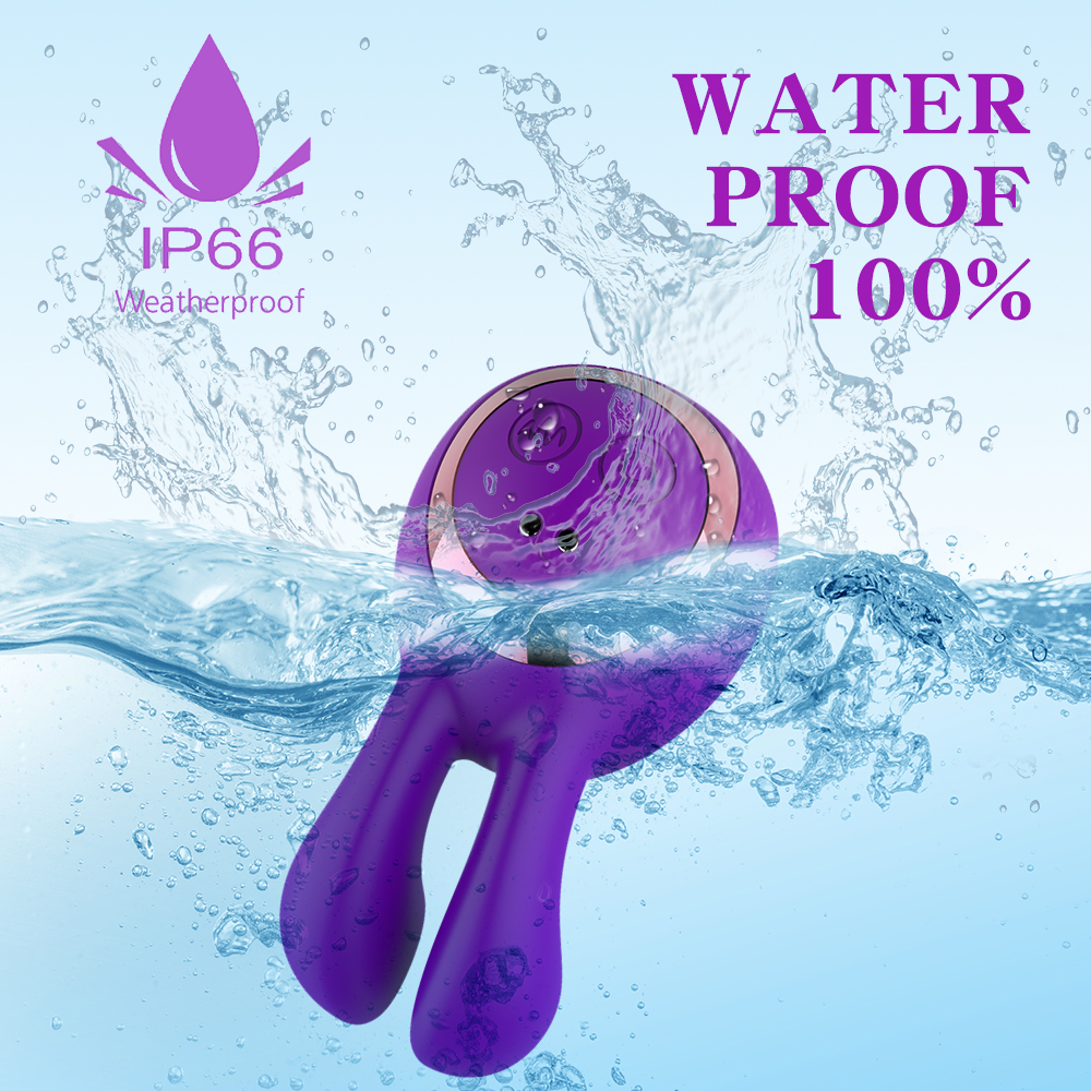 A purple waterproof device is submerged in water, showcasing its durability. The text "IP66 Weatherproof" with a water drop symbol appears on the left side and "WATER PROOF 100%" text is displayed on the right against a light blue background with water splashes.