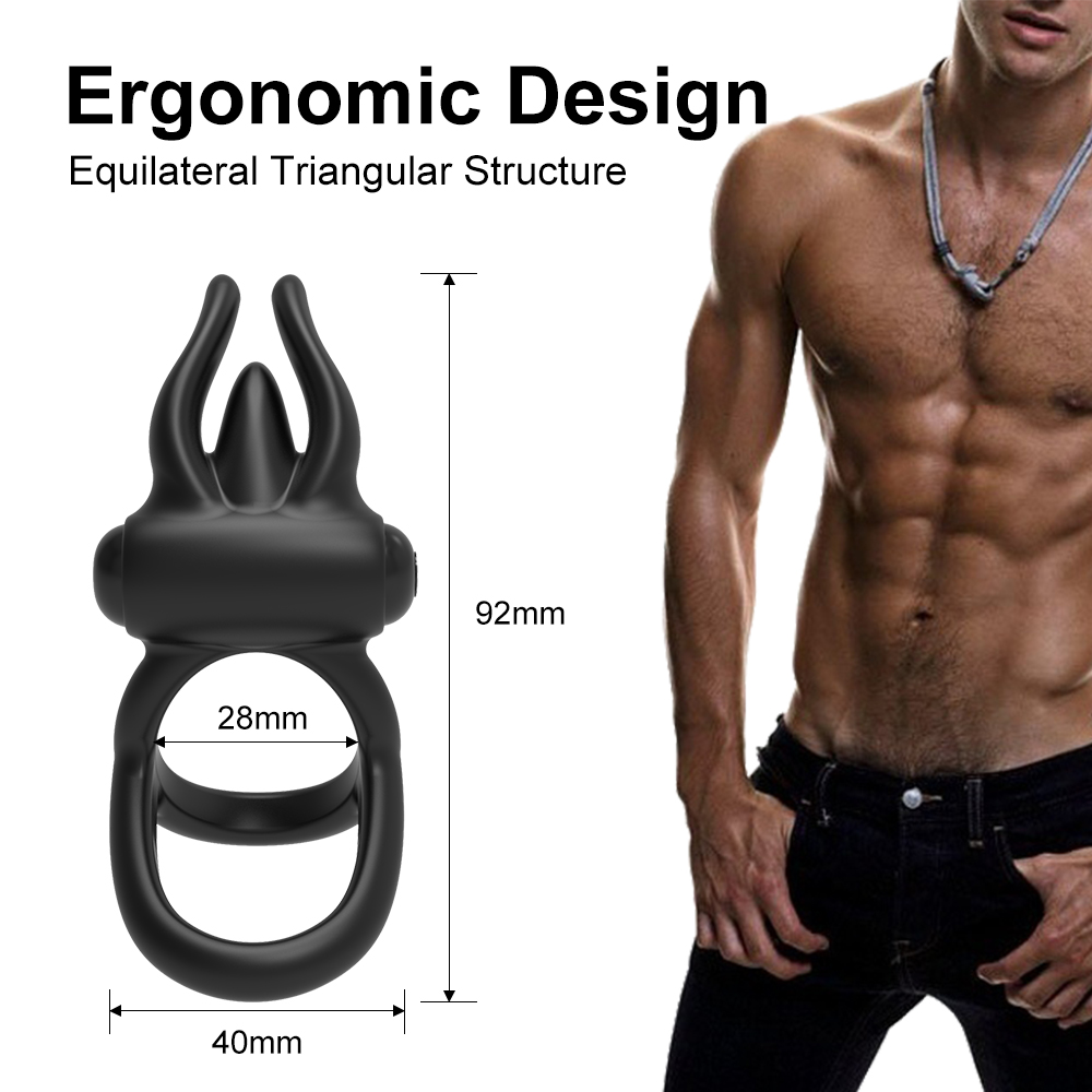 An ergonomic adult toy with an equilateral triangular structure is shown with dimensions 92mm in height, 28mm inner ring diameter, and 40mm overall width. Positioned beside is a shirtless, muscular man wearing jeans. Text reads "Ergonomic Design.