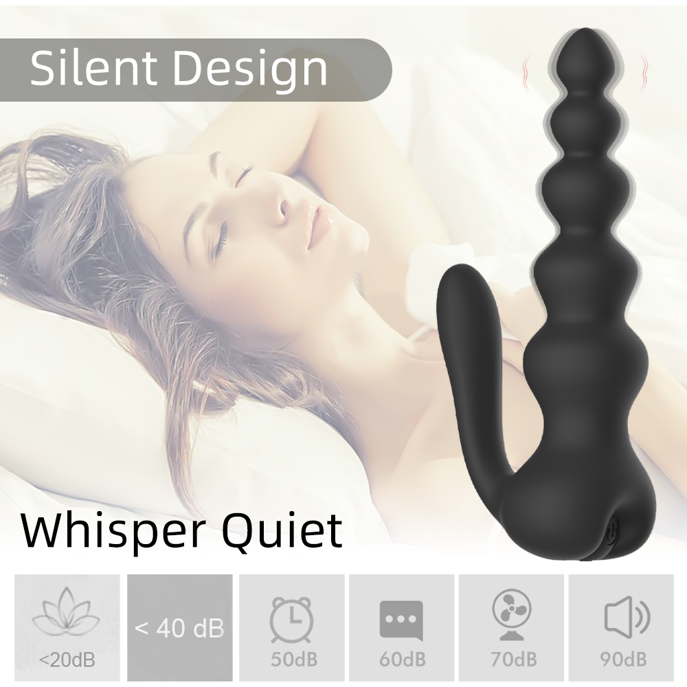 Image of a black, multi beaded adult pleasure device positioned next to a woman lying down with her eyes closed, suggesting relaxation. Text on the image reads "Silent Design" and "Whisper Quiet," with a volume scale indicating noise levels under 40 dB.