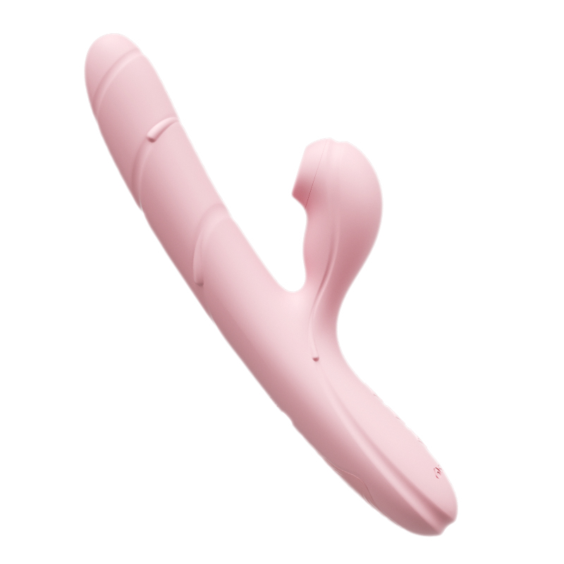 A pink silicone vibrator with a smooth, contoured design and an additional curved stimulator attachment. The device has multiple ridges along its length and a bulbous end, suggesting multiple functionalities for sexual pleasure.