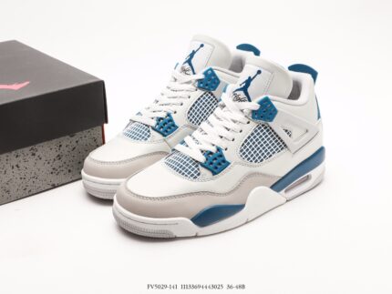 White and blue low-top sneakers with blue laces and mesh details
